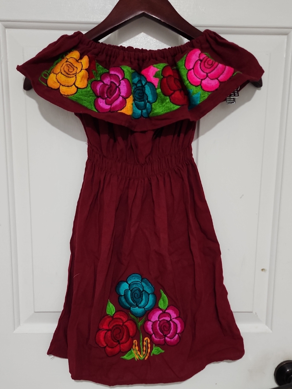 Girls' Off-Shoulder Embroidered Burgundy Dress